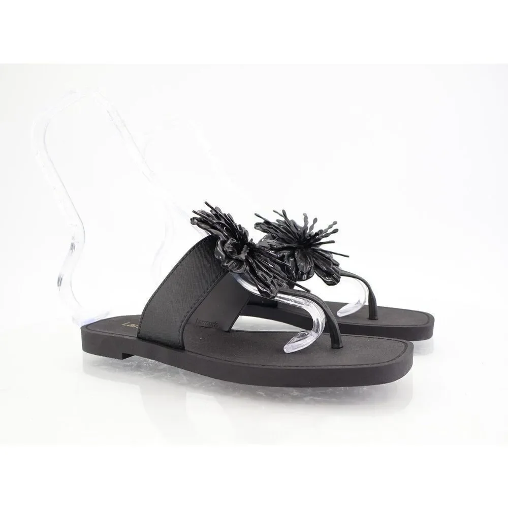 Larroude Hibiscus Sandals Slide Thong Size 6/7 Black Slip On Rubber Beach